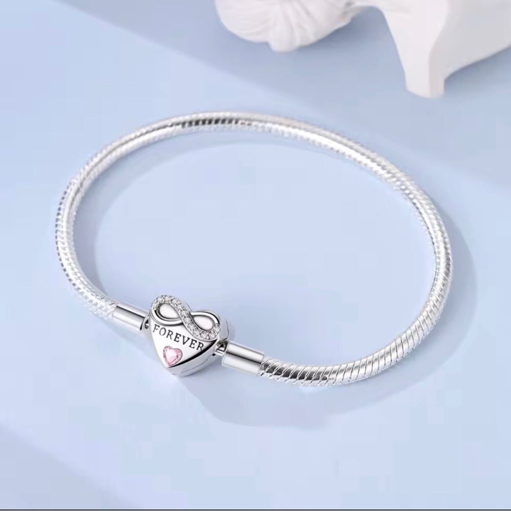 Forever Heart Infinity Charm Sterling Silver Bracelet with Pink Stone